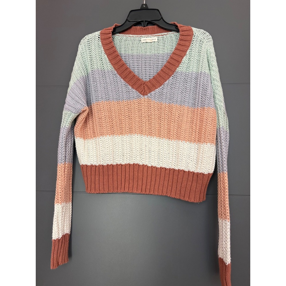Aeropostale Womens XS V-Neck Cropped Striped Sweater Multi-Color Knit Top